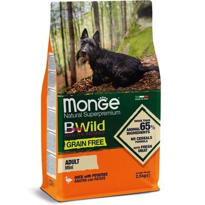 Беззерновой сухий корм Monge Dog Bwild Grain Free Mini для дорослих собак дрібних порід з м'ясом качки 2,5 кг 70004756 фото