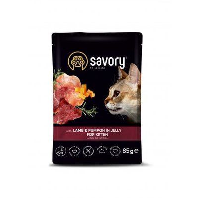 Вологий корм Savory для кошенят, ягня з гарбузом у желе, пауч, 85 г 1111171663 фото