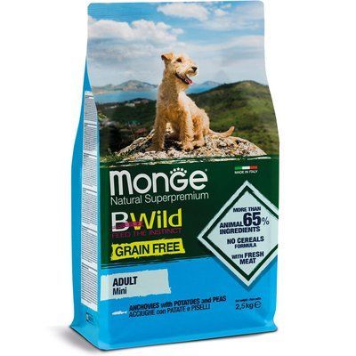 Беззерновой сухой корм Monge Dog Bwild Grain Free Mini для взрослых собак мелких пород с анчоусом 2.5 кг 70004725 фото