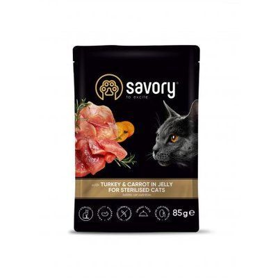Вологий корм Savory для стерилізованих котів, індичка з морквою в желе, пауч, 85 г 1111171665 фото