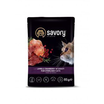 Вологий корм Savory для стерилізованих котів, ягня з журавлиною у соусі, пауч, 85 г 1111171664 фото