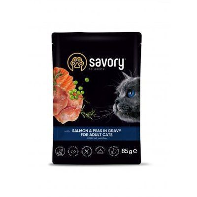 Вологий корм Savory для дорослих котів, лосось з горошком у соусі, пауч, 85 г 1111171666 фото