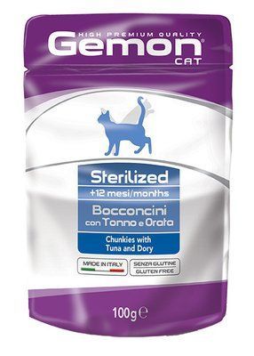 Вологий корм Gemon Cat Wet Sterilized (упаковка пауч) М'ясні шматочки в желе для стерилізованих кішок з тунцем і рибкою Дорі 100 гр 70300902 фото