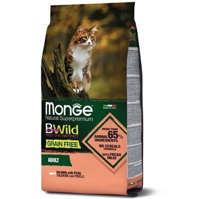 Беззерновий сухий корм Monge Cat Bwild Grain Free для дорослих котів з лососем 1,5 кг 70012072 фото