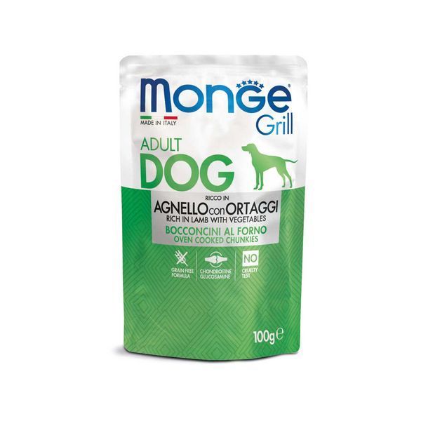 Вологий корм Monge Dog Wet GRILL MIX Набір консерви для собак, мікс 3 смаку:лосось/ягня/свинина 12 шт по 100 гр (паучи) 70017503 фото