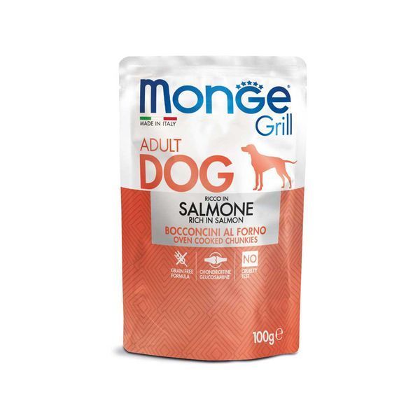 Вологий корм Monge Dog Wet GRILL MIX Набір консерви для собак, мікс 3 смаку:лосось/ягня/свинина 12 шт по 100 гр (паучи) 70017503 фото