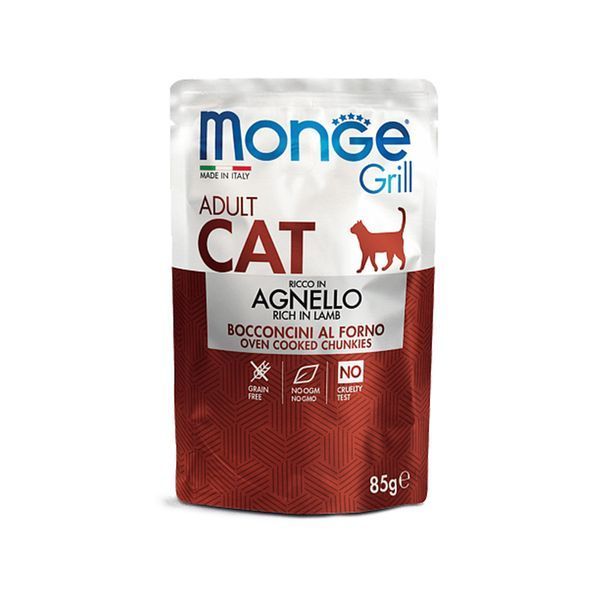 Вологий корм Monge Cat GRILL Wet MIX Набір консерви для кішок, мікс 2 смаку: кролик\ягня 12 шт по 100 гр (паучи) 70017534 фото