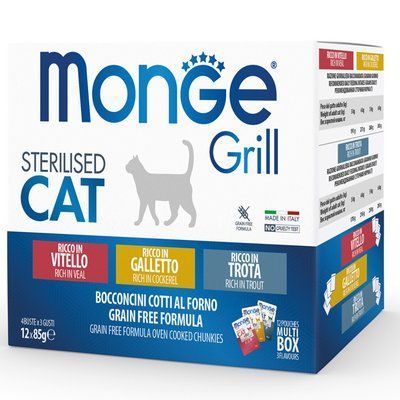 Влажный корм Monge Cat GRILL Wet MIX Sterilised Набор консерв для кошек, микс 3 вкуса: телятина/петушок/форель 12 шт по 100 гр 70017527 фото