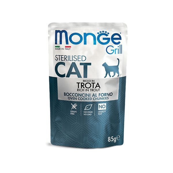Вологий корм Monge Cat GRILL Wet MIX Sterilised Набір консерви для кішок, мікс 3 смаку: телятина/півник/форель 12 шт по 100 гр 70017527 фото
